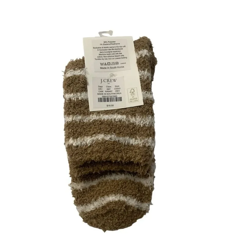 J. Crew in Brown and White Striped Cozy Boot Fuzzy Socks